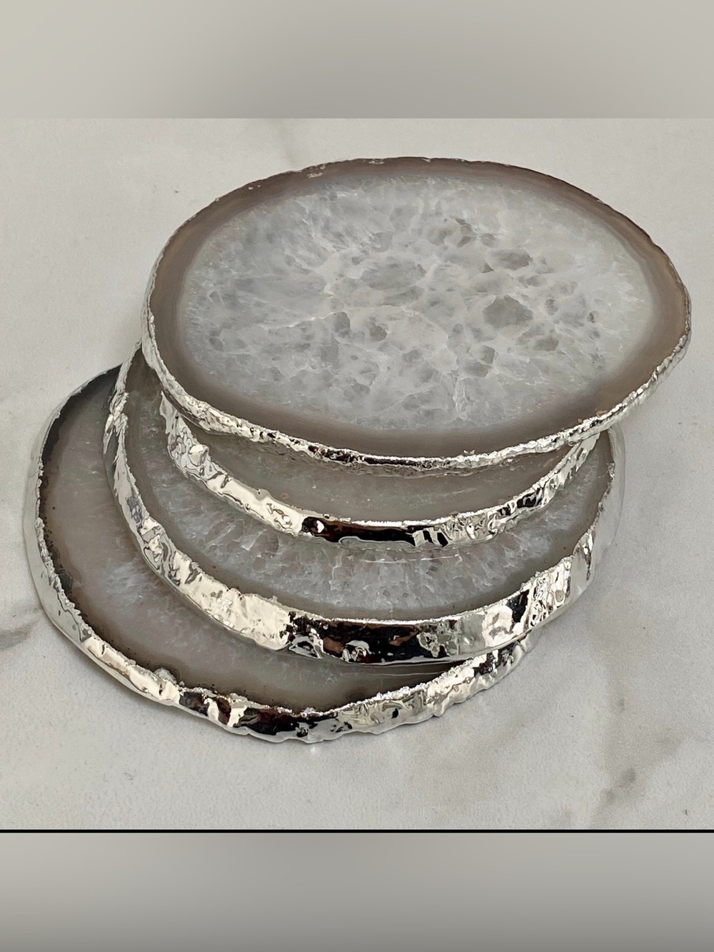 Silver-Trim White Agate Coaster Set - Picture 7 of 7